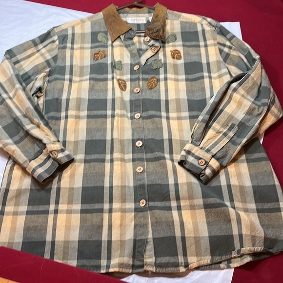 Lemon grass FALL LEAVES autumn thanksgivjng plaid SHIRT leather collar size 20 - Picture 9 of 16